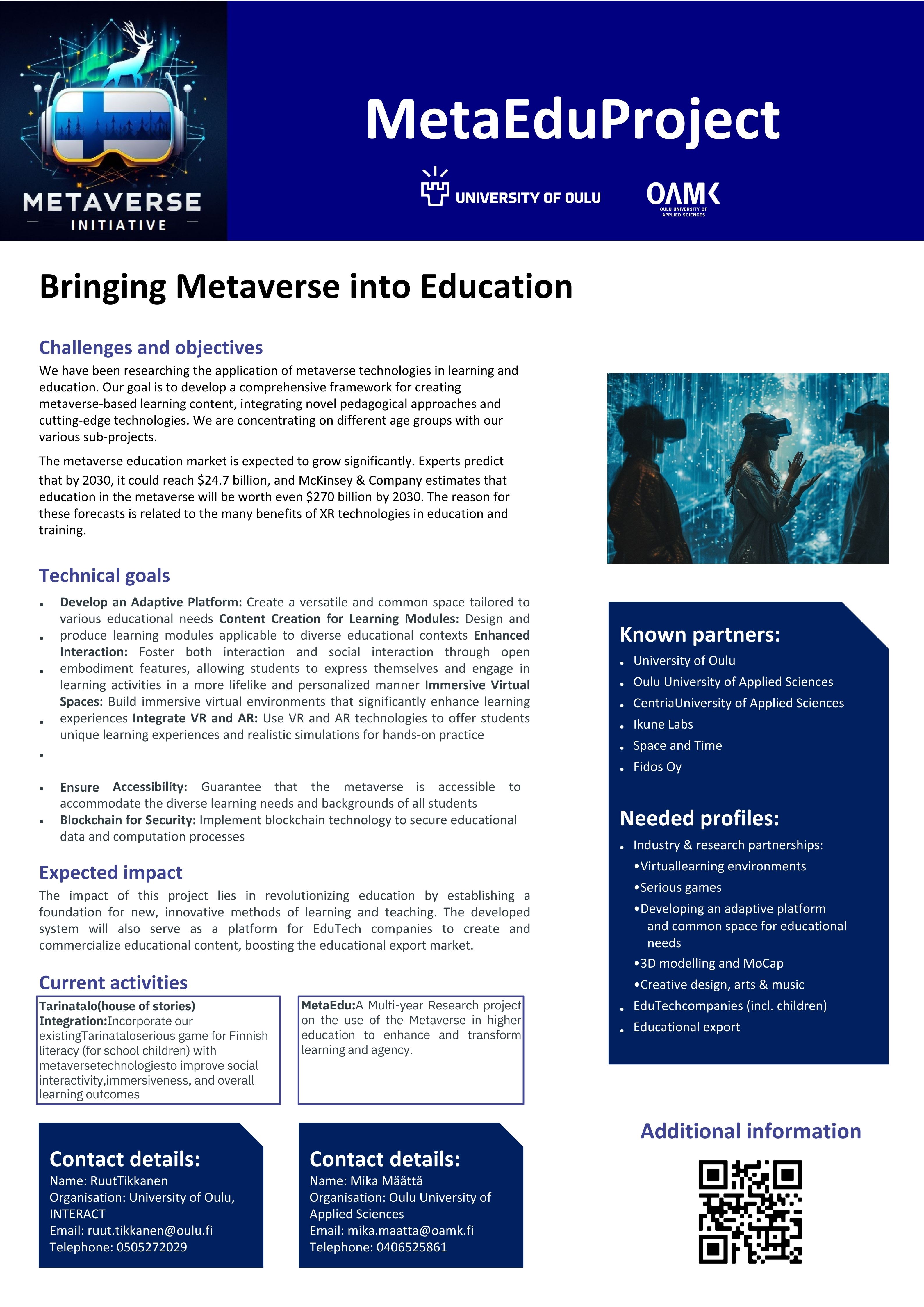 MetaEdu project poster.  Challenges, objectives, technological goals, expected impact and activities described.