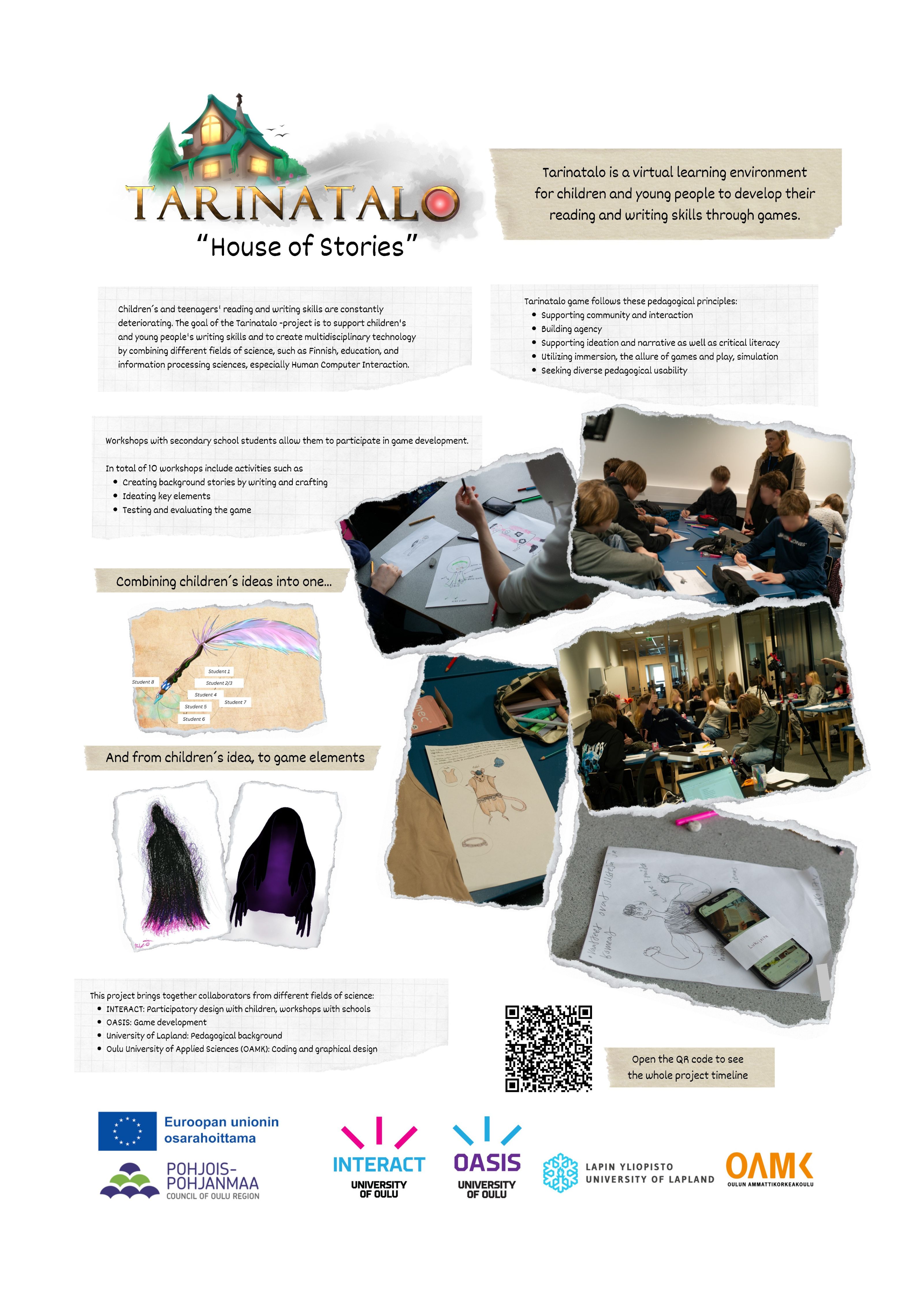 Poster of Tarinatalo. Texts describe the project. Has pictures of the project sessions and designs.